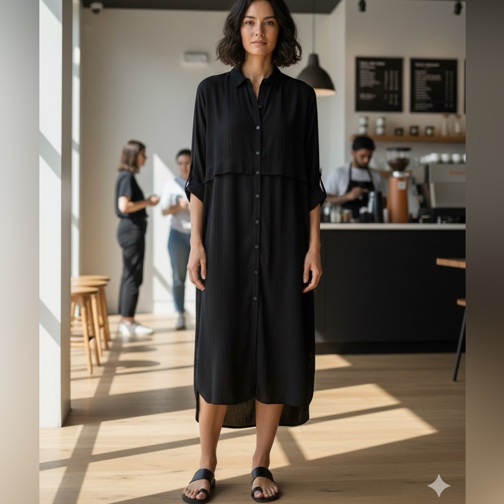 Minimum Black Viscose Midi Shirt Dress Size 36